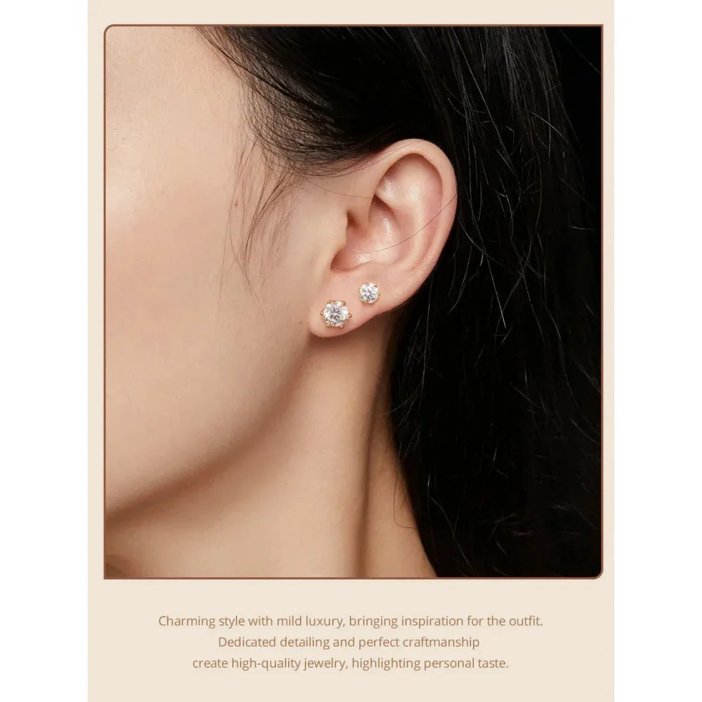 Radiant Moissanite Stud Earrings | D Color Round Cut 925 Silver, Gold Plated - Velora