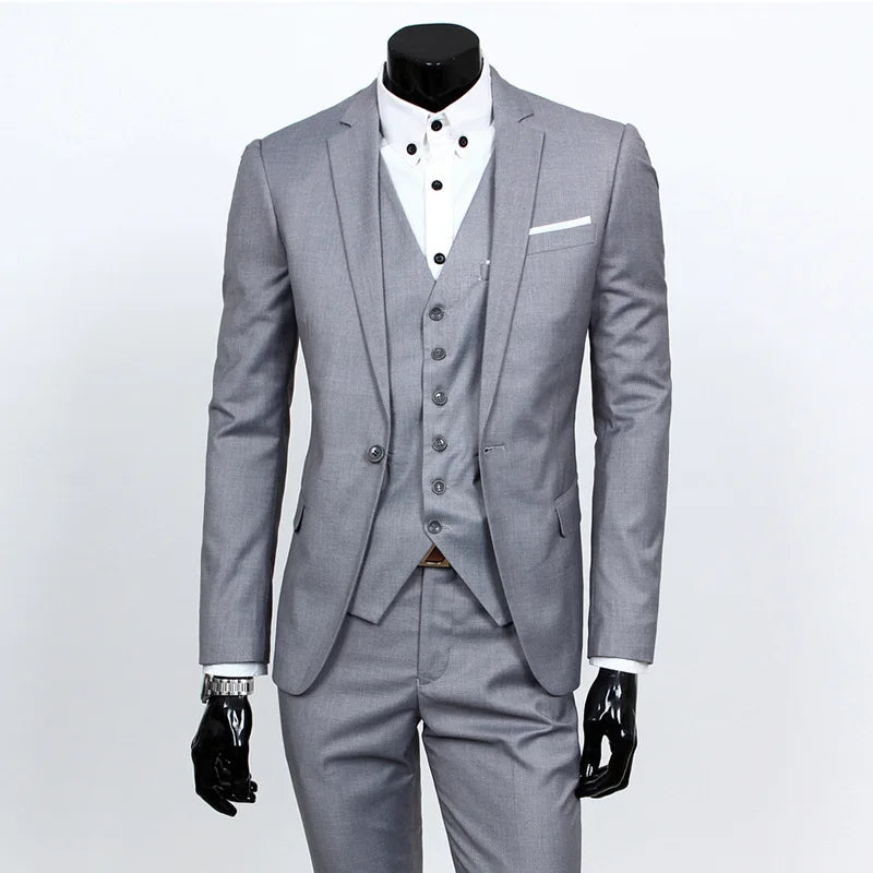 Spring Autumn New Fashion Men's Trendy Slim Business Solid Color 3 Pieces of Suits Sets Single Greasted Blazers Waistcoat Pants - Velora