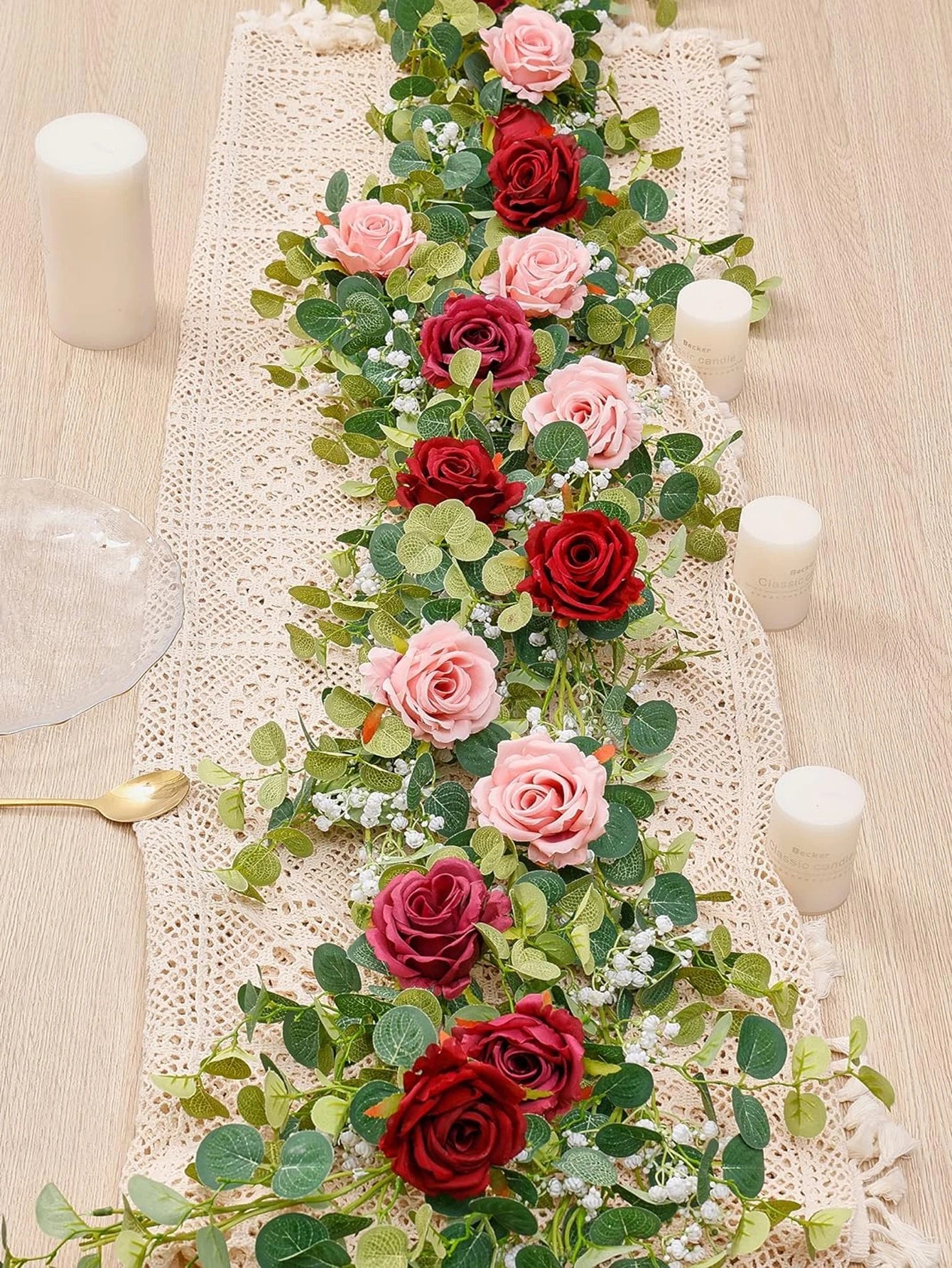 1pc 5.9FT Artificial Eucalyptus Vine Fake Rose Flowers Gypsophila Garland For Wedding Home Party Craft Art Table Runner Decor - Velora