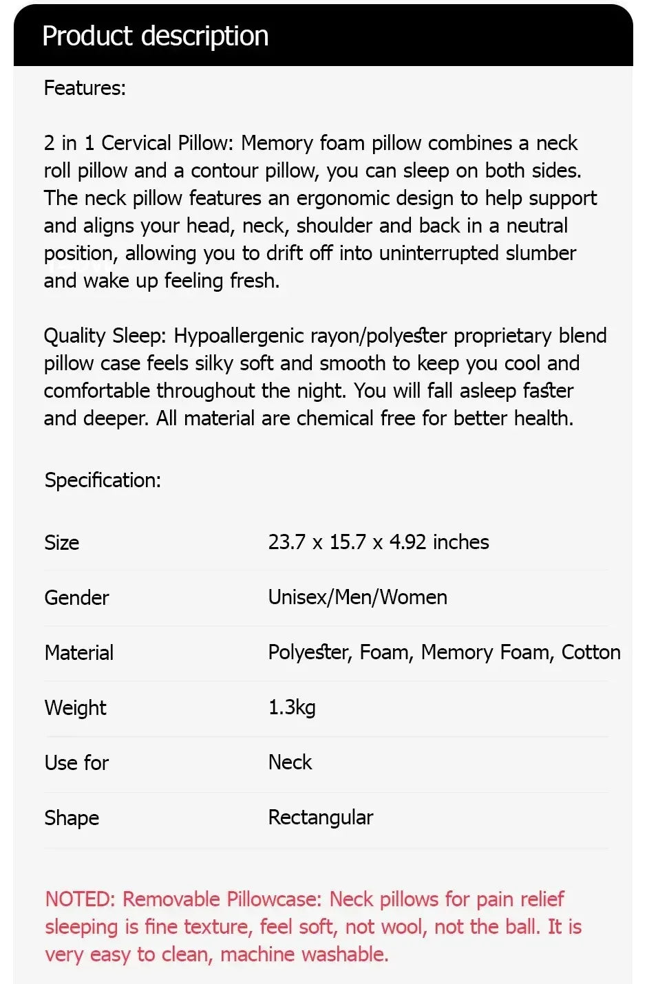 1pc Memory Foam Cervical Pillow, 2 in 1 Ergonomic Contour Orthopedic Pillow for Neck Pain Support Pillows Pillowcase replacement Velora