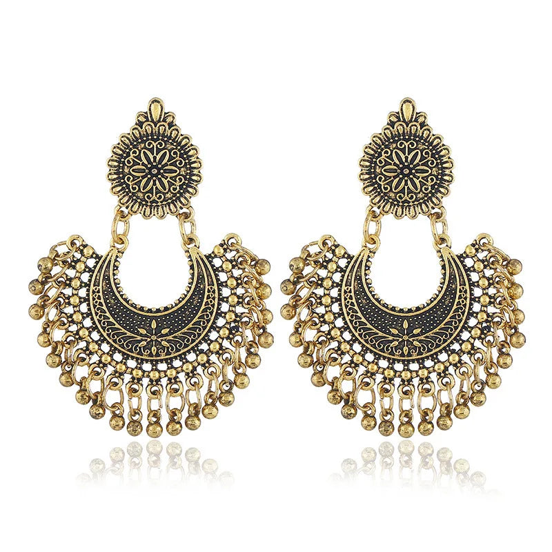 Indian Jhumka Earrings Jewelry Ethnic Retro Antique Silver Color Alloy Carved Beads Tassel Earrings For Women Daily Accessories Velora