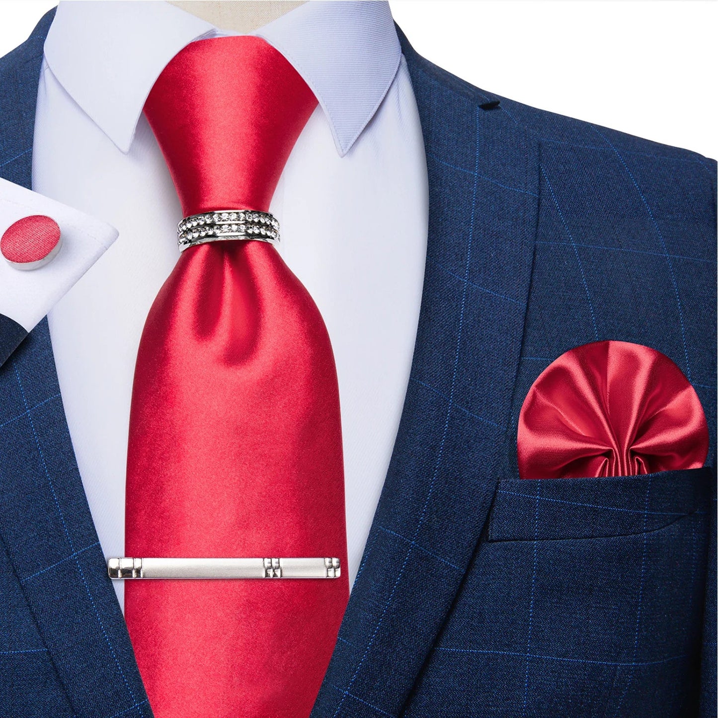 Blue Royal Dot Pliad Mens Tie set with Silver Clip and Ring Business Wedding Party Accessories 8cm Necktie Handkerchief Cufflink - Velora