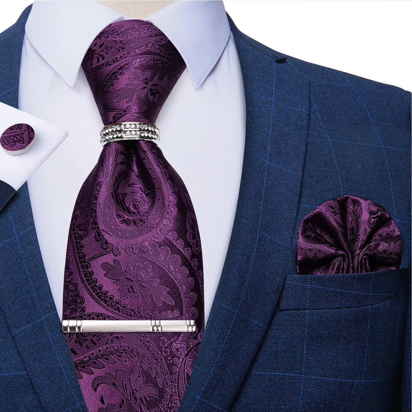 Blue Royal Dot Pliad Mens Tie set with Silver Clip and Ring Business Wedding Party Accessories 8cm Necktie Handkerchief Cufflink - Velora