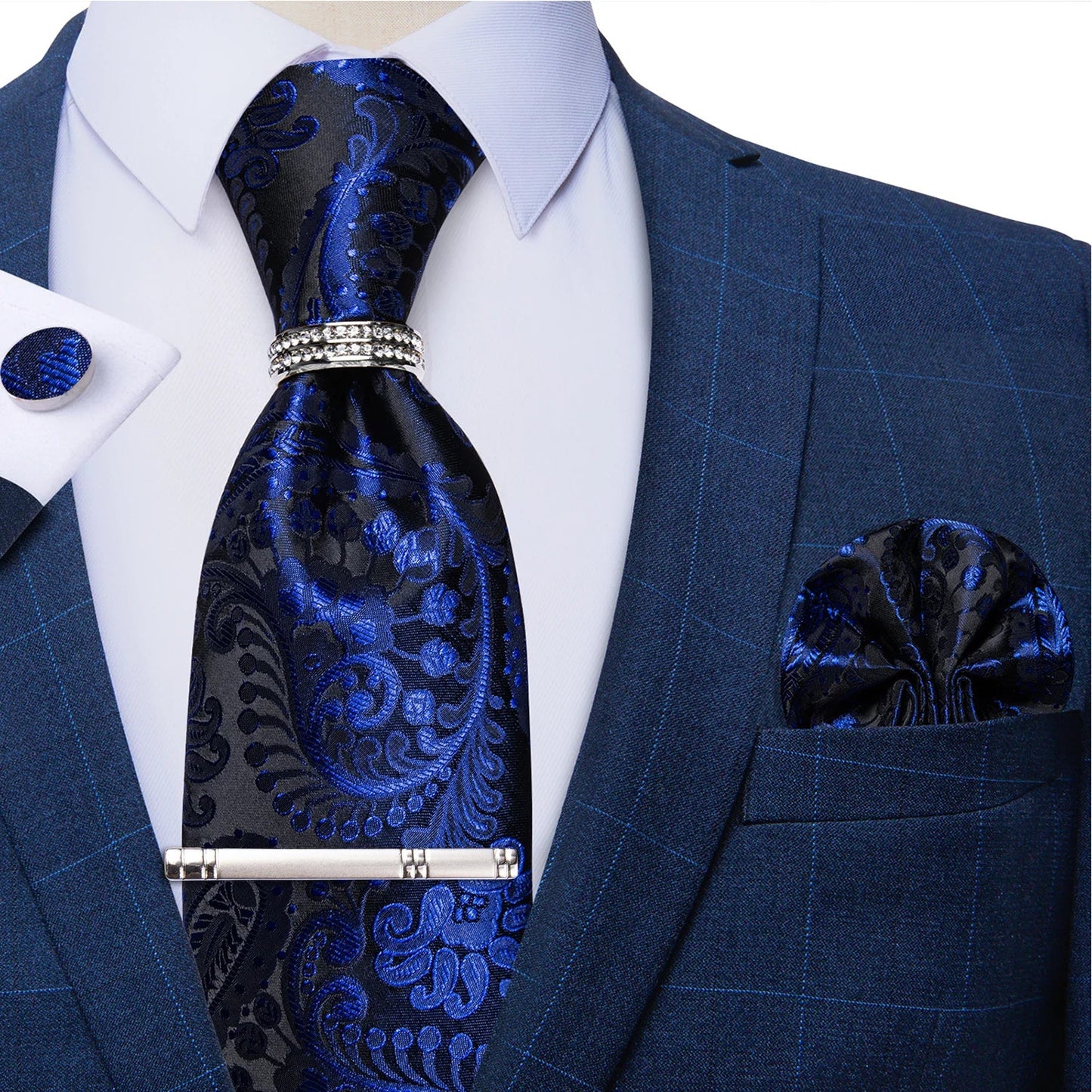 Blue Royal Dot Pliad Mens Tie set with Silver Clip and Ring Business Wedding Party Accessories 8cm Necktie Handkerchief Cufflink - Velora