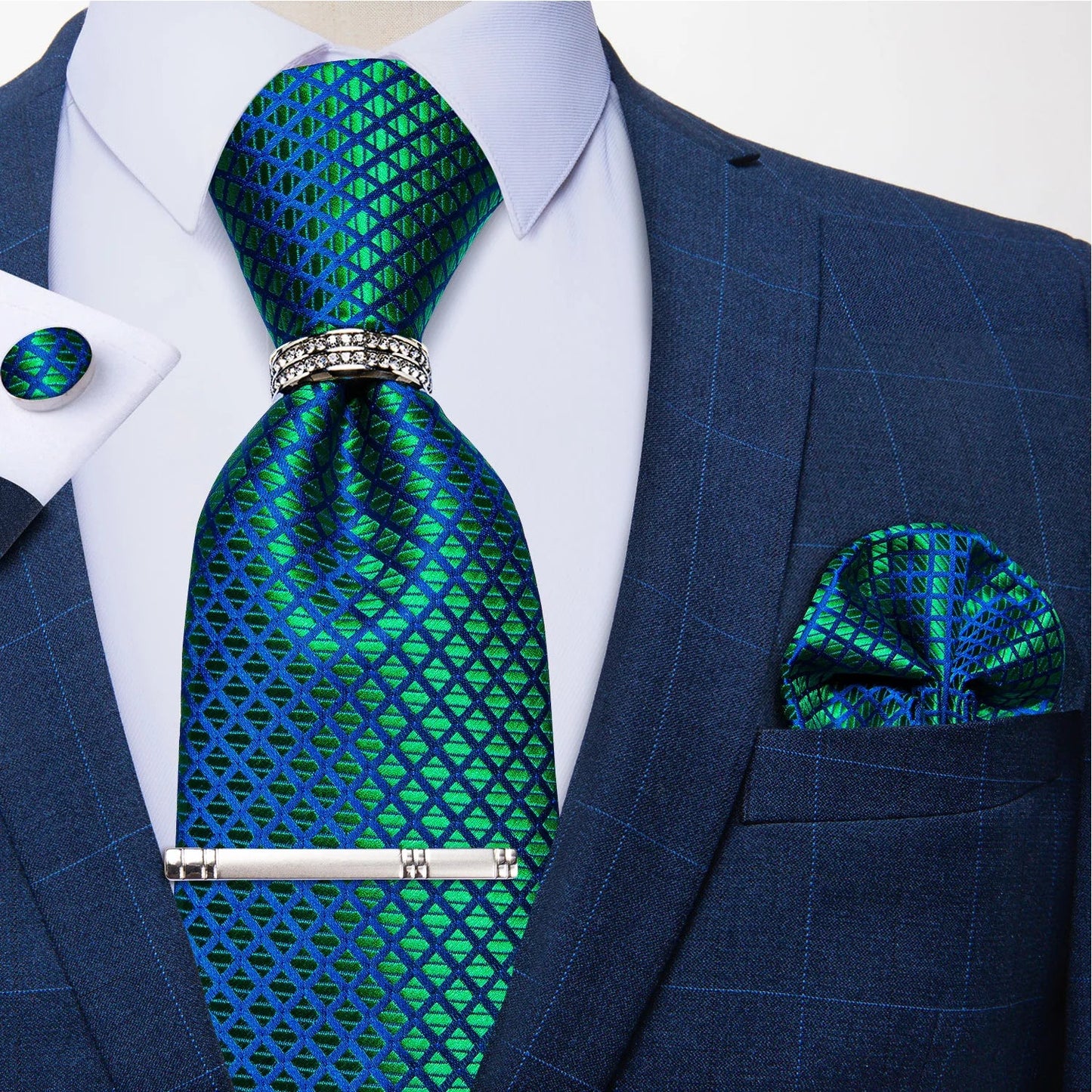 Blue Royal Dot Pliad Mens Tie set with Silver Clip and Ring Business Wedding Party Accessories 8cm Necktie Handkerchief Cufflink - Velora
