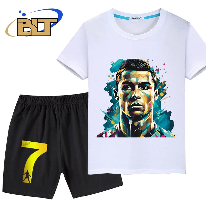Ronaldo head print children's clothing summer kids T-shirt set pure cotton short-sleeved shorts 2-piece set boys and girls gifts Velora