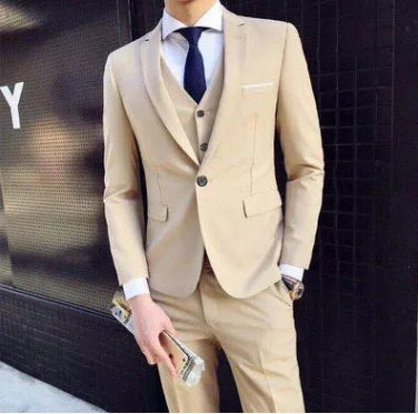 Spring Autumn New Fashion Men's Trendy Slim Business Solid Color 3 Pieces of Suits Sets Single Greasted Blazers Waistcoat Pants - Velora