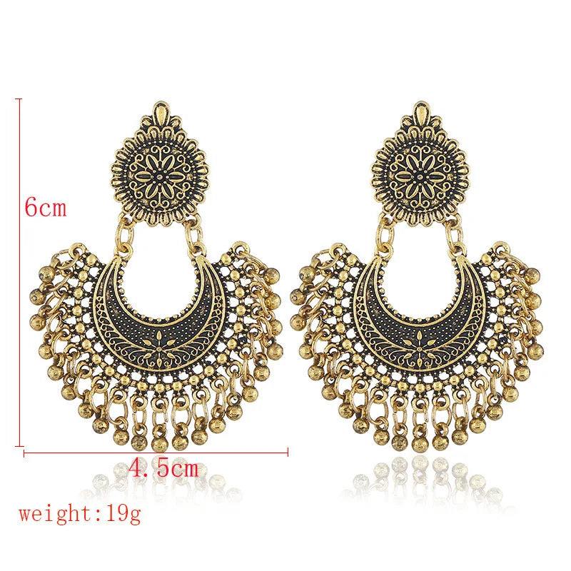 Indian Jhumka Earrings Jewelry Ethnic Retro Antique Silver Color Alloy Carved Beads Tassel Earrings For Women Daily Accessories Velora