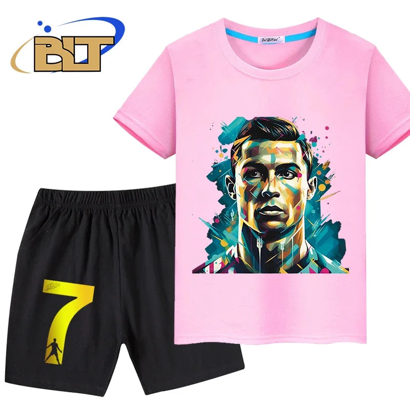 Ronaldo head print children's clothing summer kids T-shirt set pure cotton short-sleeved shorts 2-piece set boys and girls gifts Velora