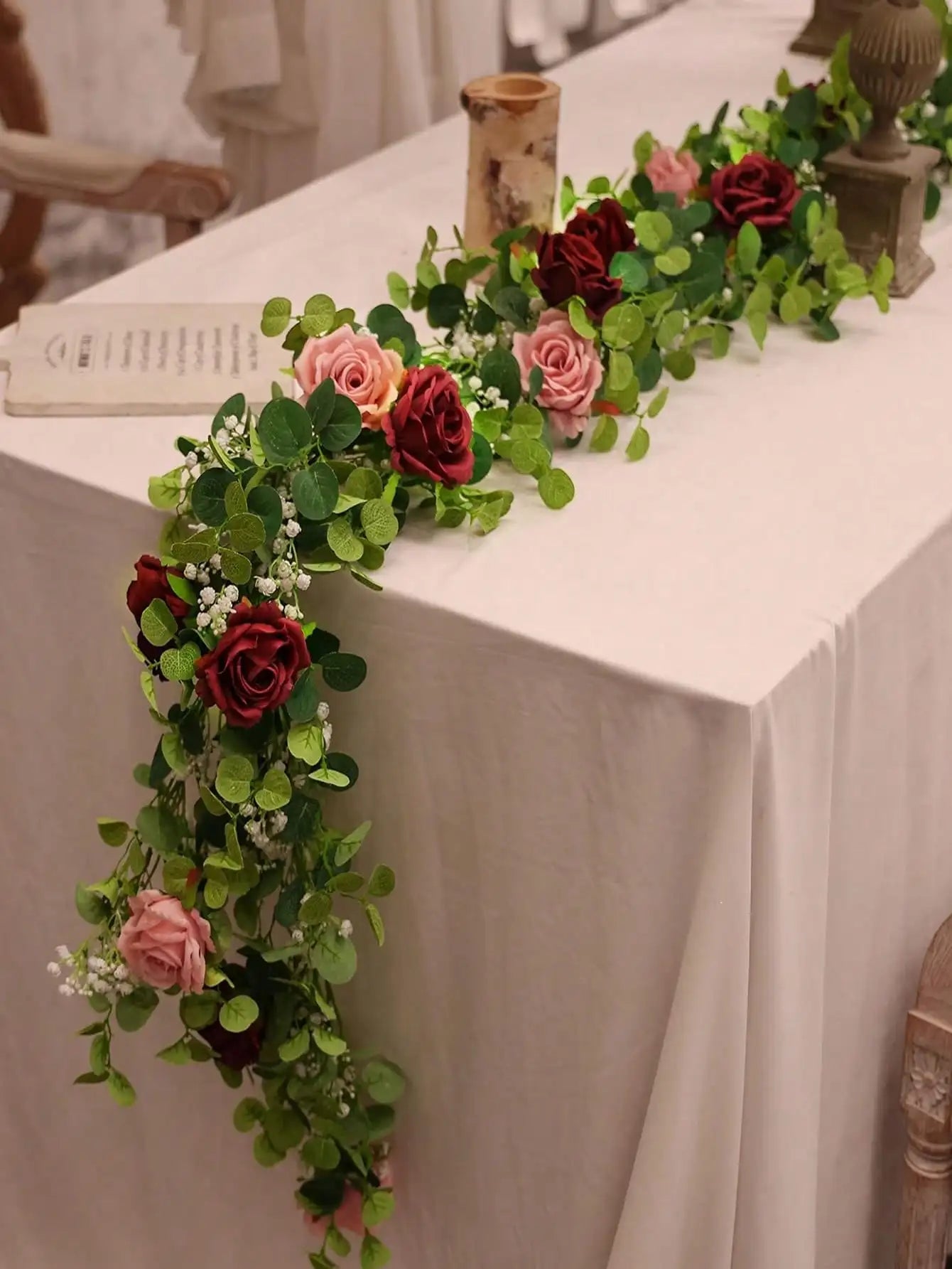 1pc 5.9FT Artificial Eucalyptus Vine Fake Rose Flowers Gypsophila Garland For Wedding Home Party Craft Art Table Runner Decor - Velora