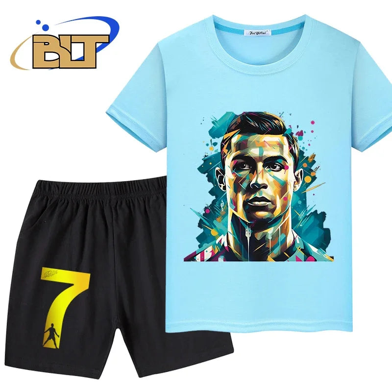 Ronaldo head print children's clothing summer kids T-shirt set pure cotton short-sleeved shorts 2-piece set boys and girls gifts Velora