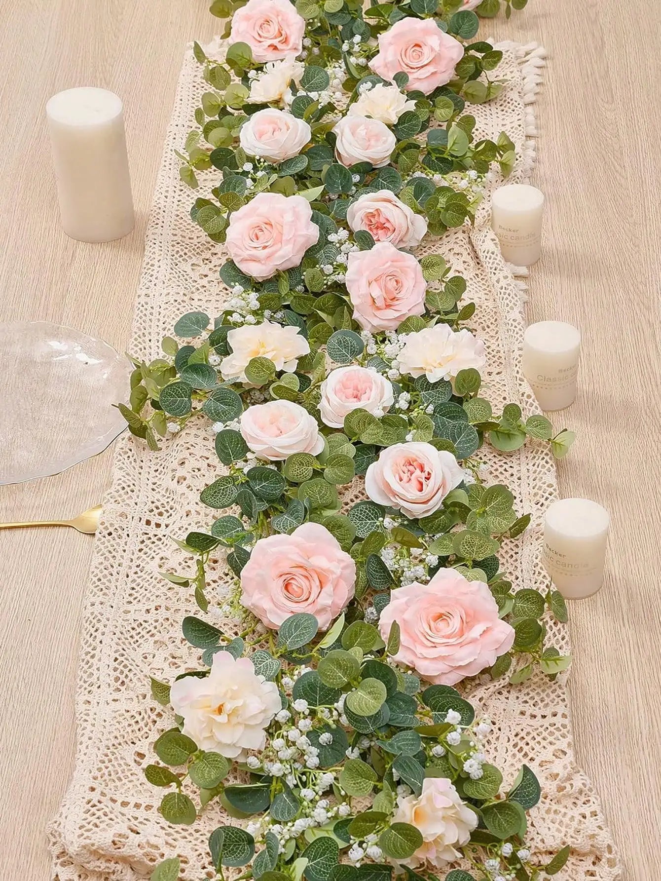 1pc 5.9FT Artificial Eucalyptus Vine Fake Rose Flowers Gypsophila Garland For Wedding Home Party Craft Art Table Runner Decor - Velora
