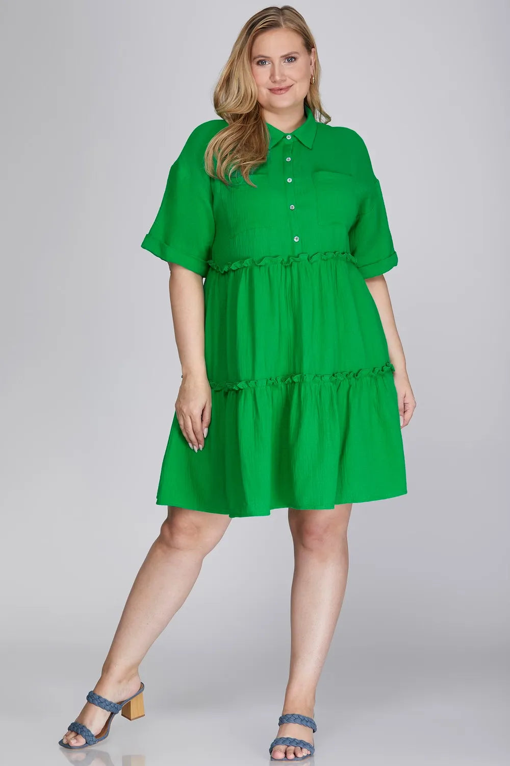 She + Sky Full Size Button Front Frill Tiered Mini Dress Plus Size - Velora Luxury Fashion