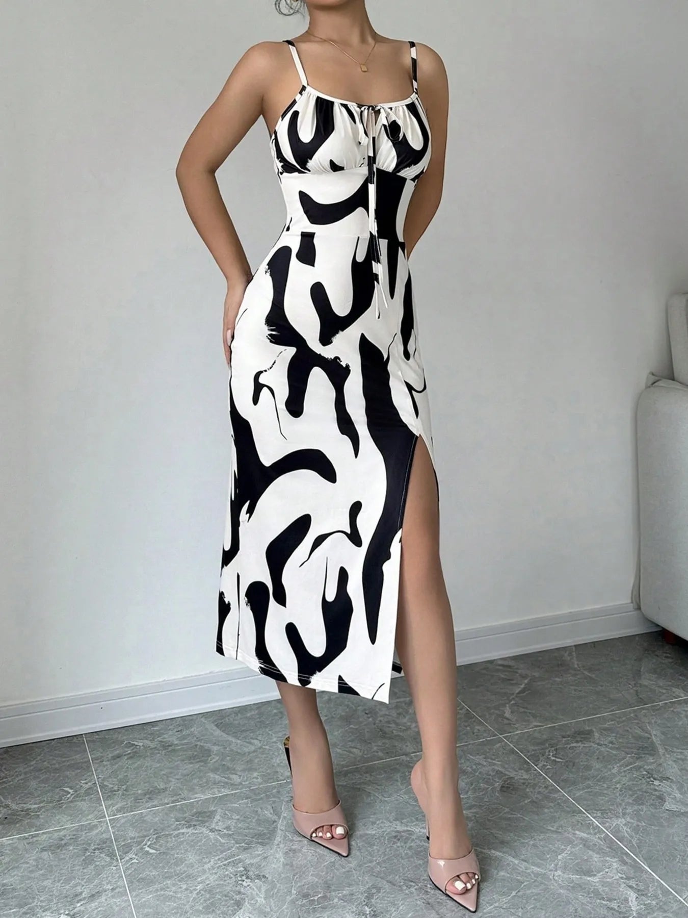 Slit Cow Print Spaghetti Strap Midi Dress - Velora Luxury Fashion