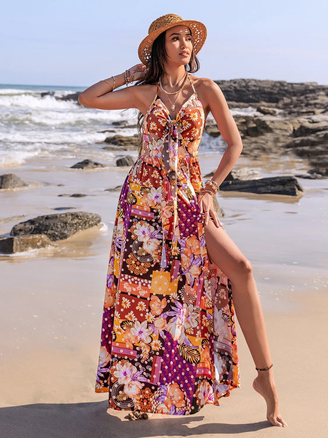 Slit Printed Halter Neck Cami Dress - Velora Luxury Fashion