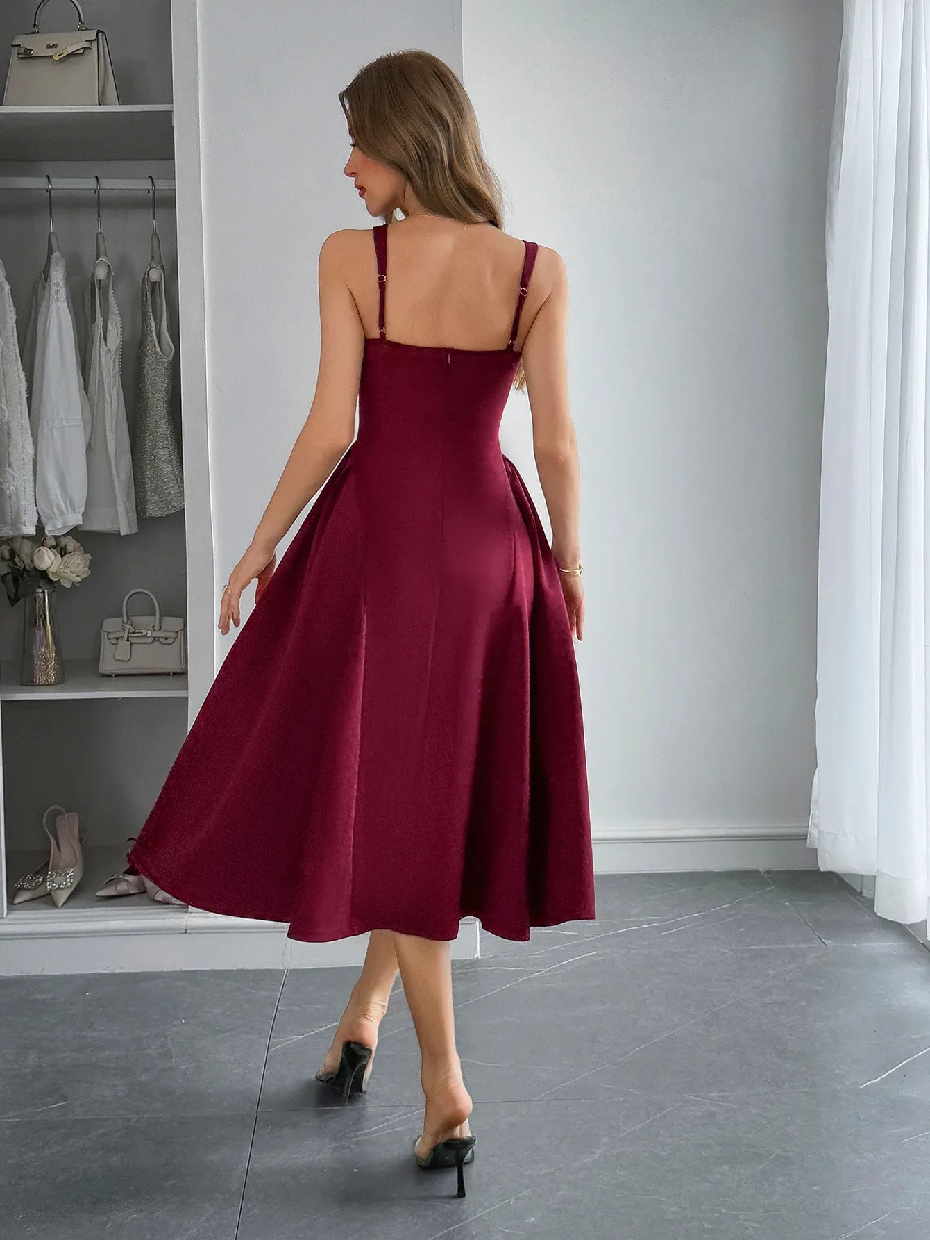Square Neck Wide Strap Midi Dress - Velora Luxury Fashion