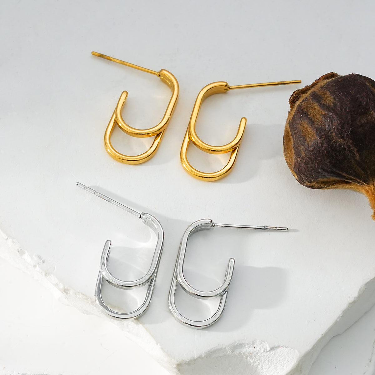 St SIMON White Gold (Silver Toned): Rounded Corners Double Rectangle Hoop Earrings - Velora Luxury Fashion