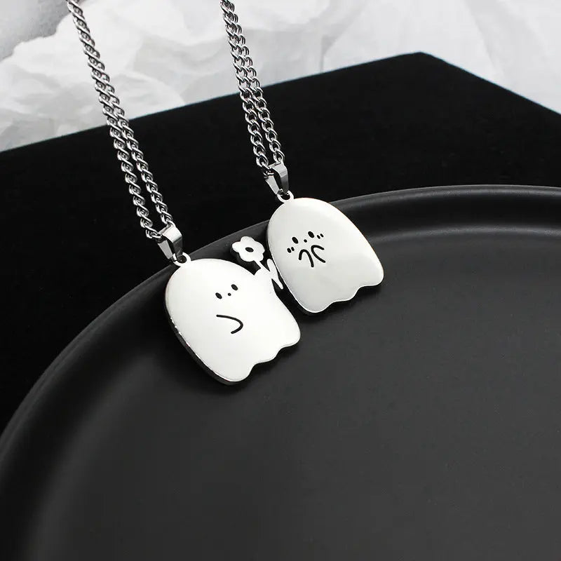 Stainless Steel Cute Ghost Couple Necklace Kawaii Animal Cat Pendant Necklace Lovers Friendship Jewelry Gifts - Velora