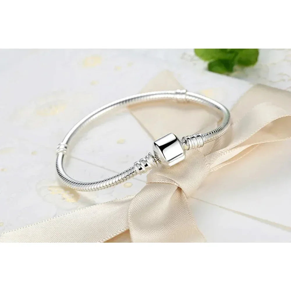 Sterling Silver Snake Chain Charm Bangle – 3mm Barrel Clasp - Velora Luxury Fashion
