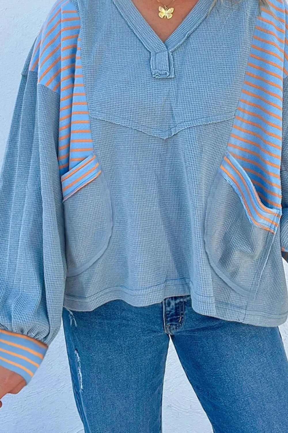 Striped Long Sleeve V-Neck Oversized Sweatshirt - Velora Luxury Fashion