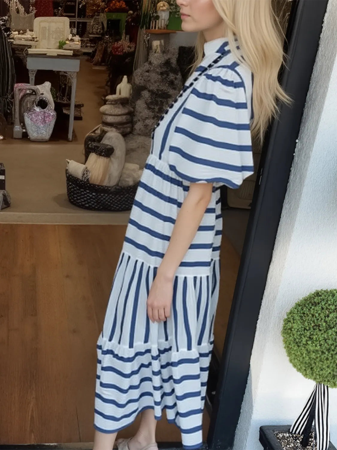 Striped Notched Puff Sleeve Midi Dress - Velora Luxury Fashion