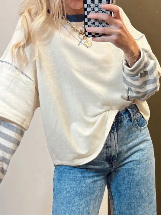 Striped Patchwork Long Sleeve Round Neck Two-in-one Top - Velora Luxury Fashion
