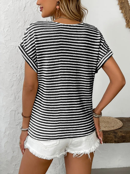 Striped V-Neck Short Sleeve T-Shirt - Velora Luxury Fashion