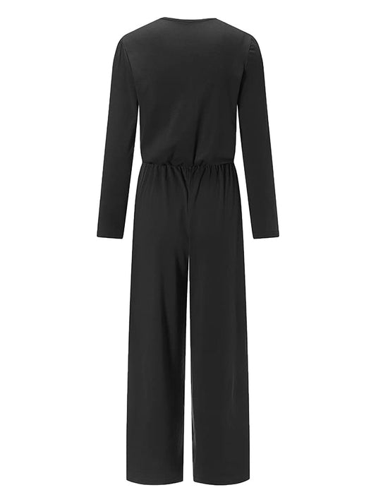 TTFN WOMEN'S LONG SLEEVE JUMPSUIT WITH HENLEY NECKLINE AND FLARED WIDE LEG - Velora Luxury Fashion