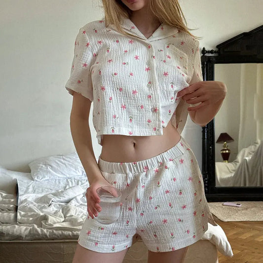 Thin Cotton Printed Comfortable Loose Breathable Short-sleeved Shorts Summer Pajamas Home Wear For Women EX-STOCK Canada