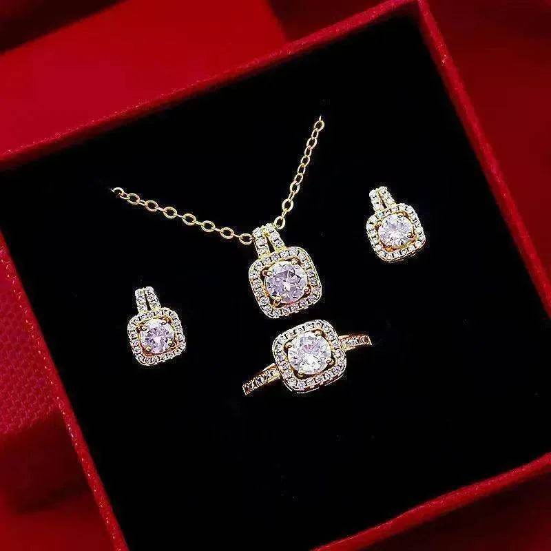 Three-piece Fashion Micro Inlaid Zircon Suit Women Necklace Earring Ring - Velora