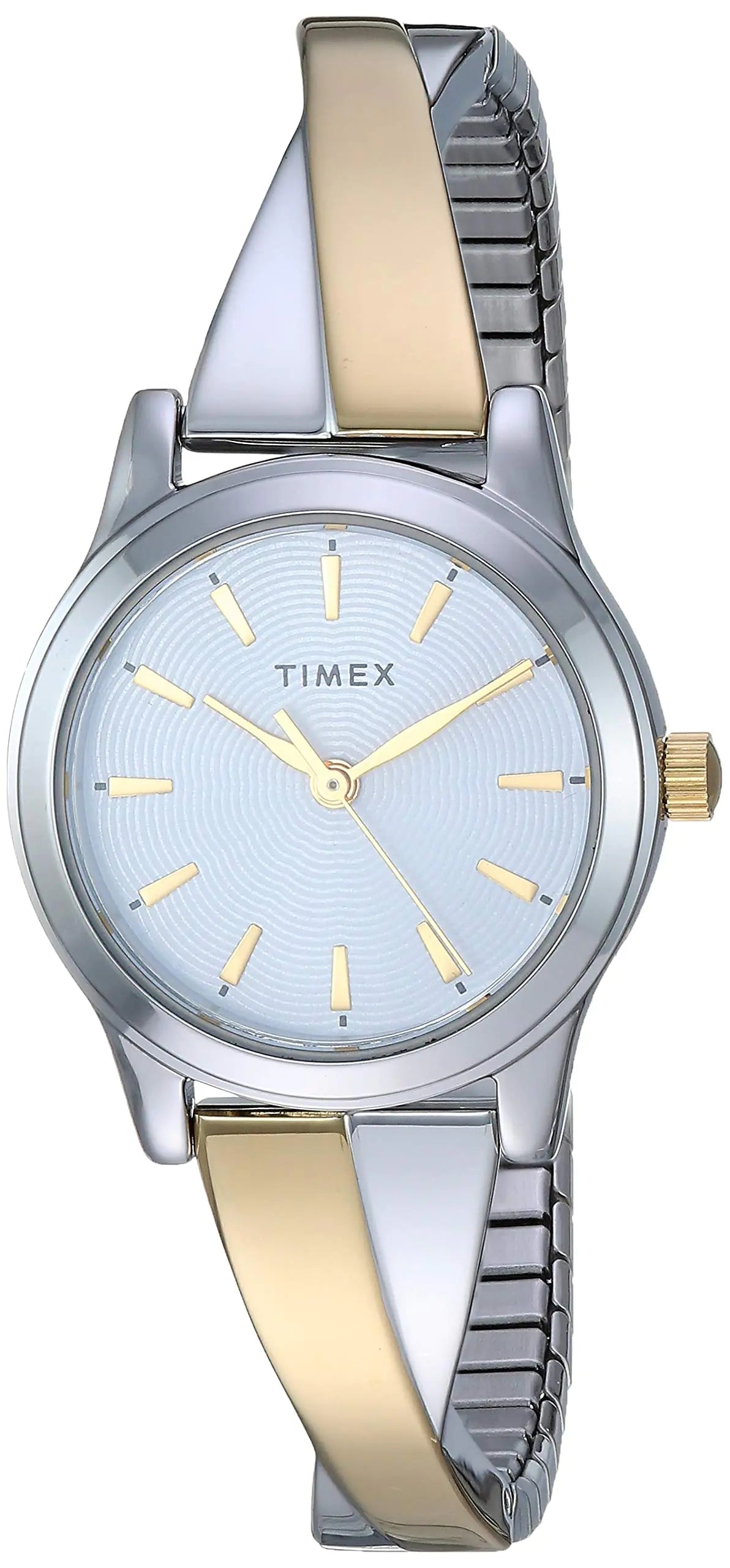 Timex Womens TW2R98600 Stretch Bangle Crisscross 25mm Two-Tone Expansion Band Watch - Velora Luxury Fashion