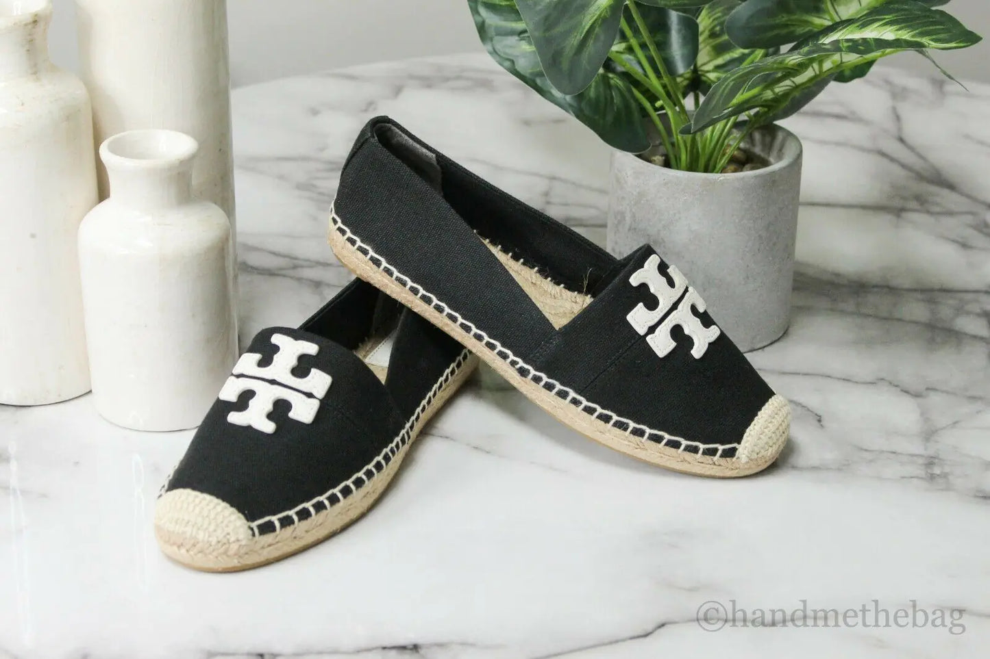 Tory Burch Weston Black White Recycled Canvas Leather Espadrilles - Velora Luxury Fashion
