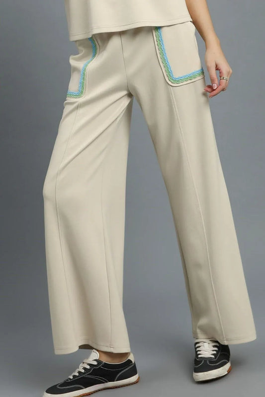 Umgee Drawstring Wide Leg Pants with Scallop Trim Detail - Velora Luxury Fashion