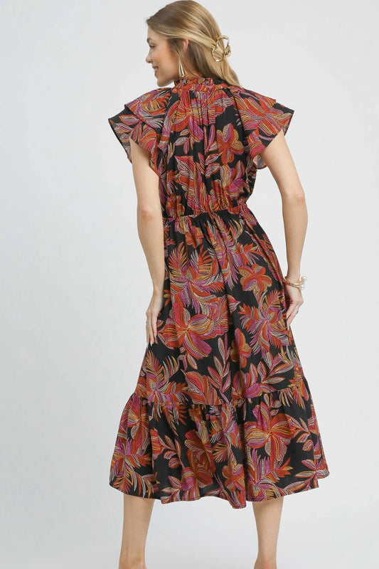 Umgee Mix Ruffle Sleeve Tropical Midi Dress - Velora Luxury Fashion