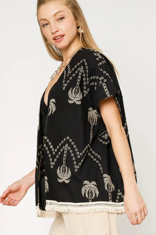 Umgee Open Front Embroidered Fringe Kimono - Velora Luxury Fashion