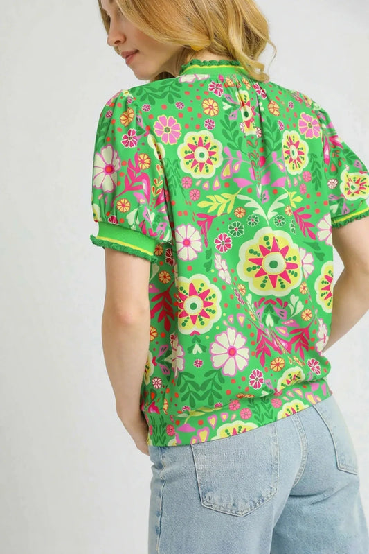 Umgee Retro Floral Puff Sleeve Top - Velora Luxury Fashion
