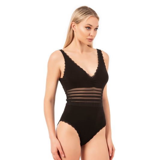 Women's Black Cotton Bodysuit with Sheer Stripe Waist & Lace Trim β Elegant & Comfortable - Velora