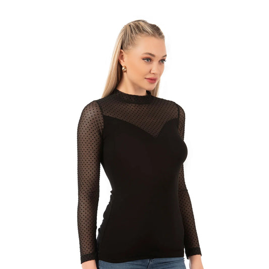 Womenβs Long Sleeve Mesh Top β Black Sheer Polka Dot Turtleneck Shirt | Viscose Blend - Velora