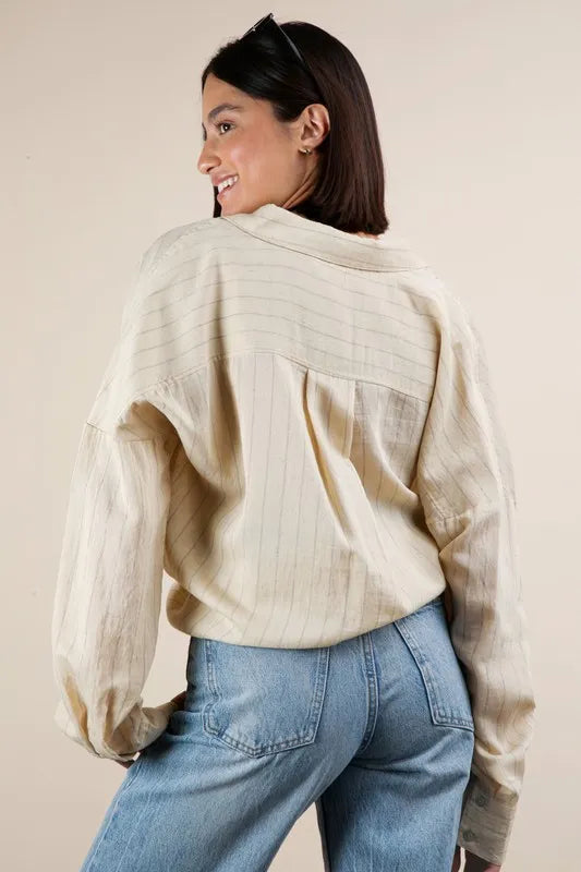 VERY J Full Size Oversized Striped Button Down Shirt Top Plus Size - Velora Luxury Fashion