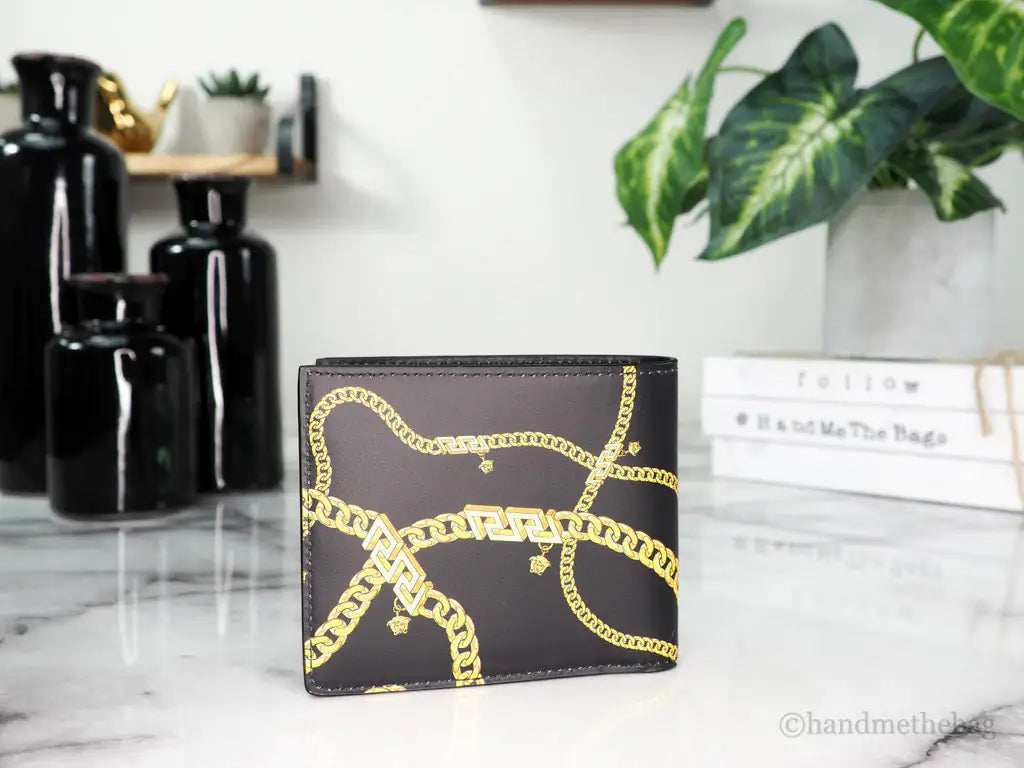 Versace Black Leather Gold Medusa Chain Logo Bifold Wallet - Velora Luxury Fashion