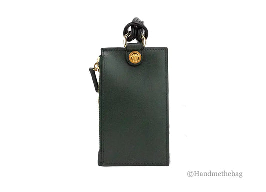 Versace Bottle Green Leather Zip Card Case Lanyard Wallet - Velora Luxury Fashion