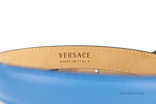 Versace DV Blue Leather Slim 20mm Adjustable Medusa Belt - Velora Luxury Fashion