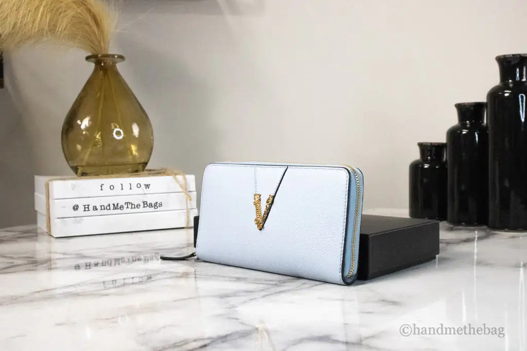 Versace Large Cornflower Leather Gold Monogram Zip Around Wallet - Velora Luxury Fashion