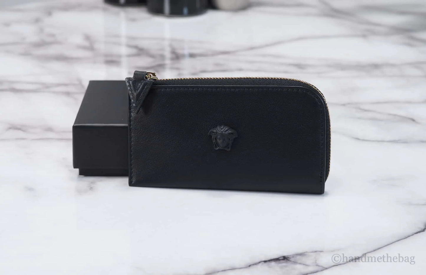 Versace Small Black Leather Matte Medusa Zip Card Case - Velora Luxury Fashion