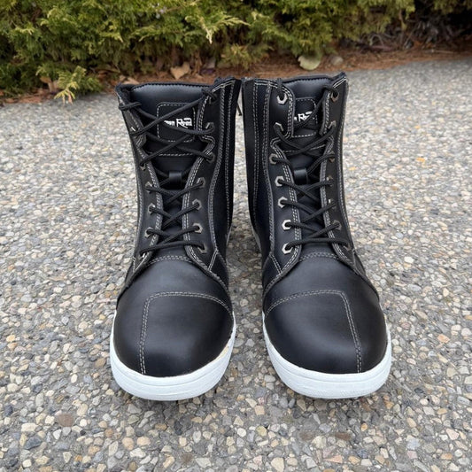 Men's Sneaker Biker Boots. Black Cowhide Leather with White Sole, Lace-Up & Side Zip - Velora Luxury Fashion