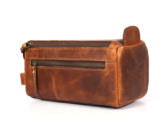 Winston Leather Toiletry Bag - Caramel Brown - Velora Luxury Fashion