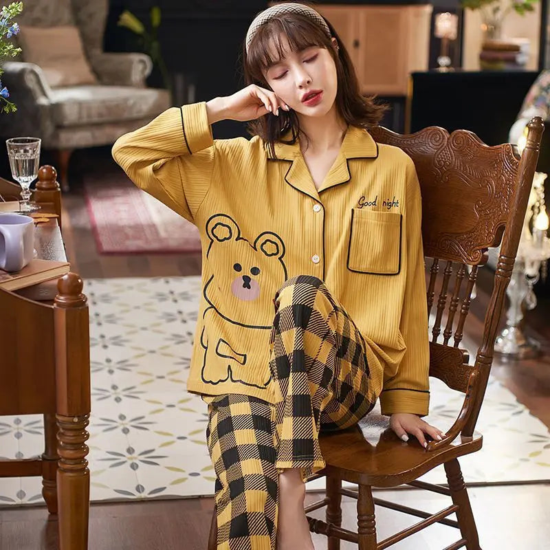 Women Pajamas β Cotton Cartoon Pajama Suit with Long Sleeves - Velora
