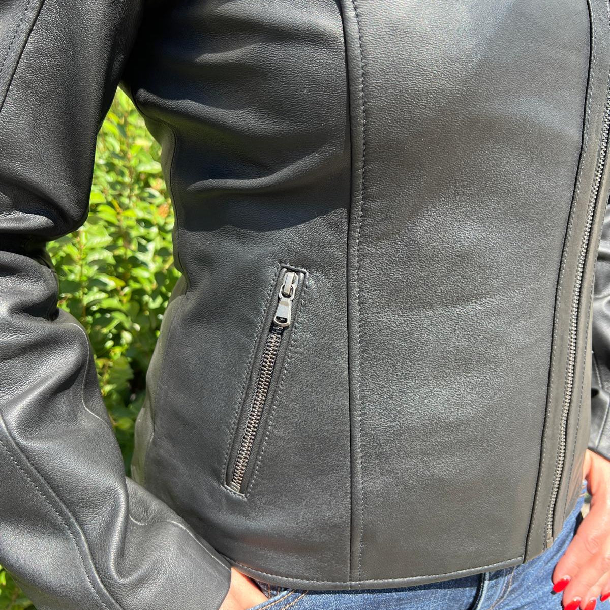 Women's Lamb Leather Biker Look Jacket with Asymmetrical Collar and Stitched Shoulders - Velora Luxury Fashion