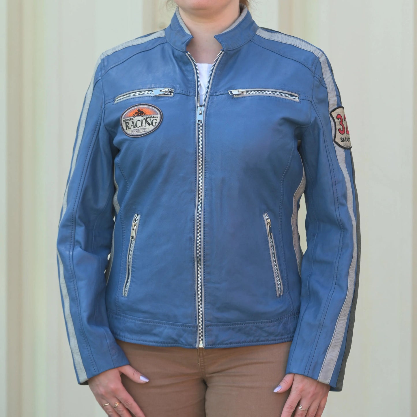 Women's Leather Jacket with Patches - Velora Luxury Fashion