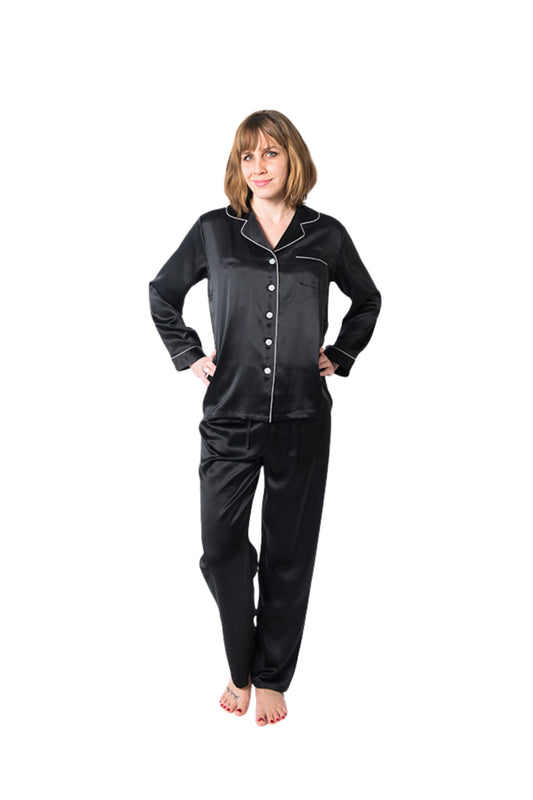 Women's Mulberry Silk Pajama Set Black - Velora Luxury Fashion